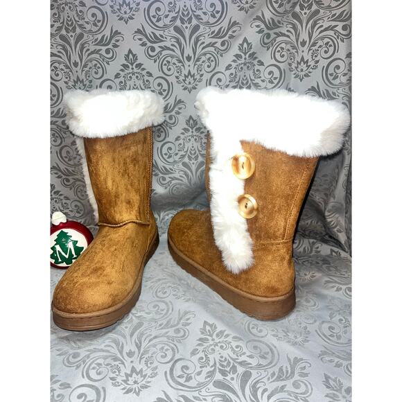 SO Chestnut Suede Fur Trim Tall Boots Sz 9 - Picture 1 of 5